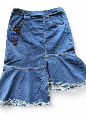 Blue Denim Circle Skirt with Embroidered G Accent